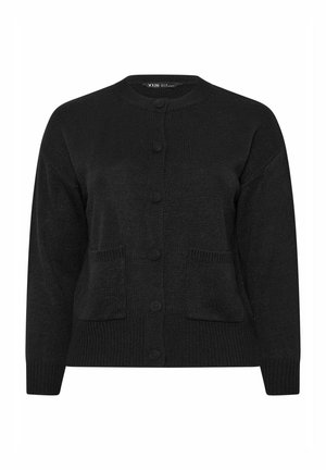 Cardigan nero lavorato a maglia con scollo rotondo, bottoni frontali, maniche lunghe e due tasche applicate frontali.