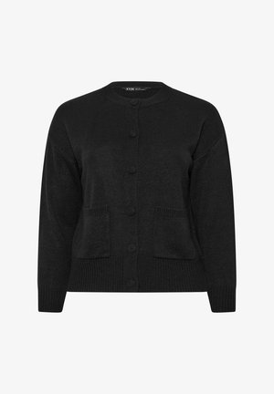 Zwarte gebreide cardigan met ronde halslijn, knopen aan de voorkant, lange mouwen en twee zakken aan de voorkant.