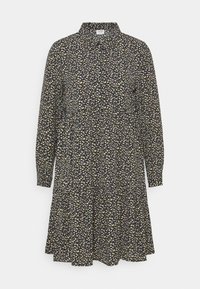 Abito nero con colletto, maniche lunghe e vita arricciata. Presenta un motivo floreale in rosa, bianco e giallo su uno sfondo scuro.