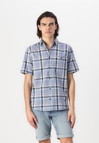 Korte mouwen geruite blouse in blauw- en grijstinten, met een button-down kraag, borstzak en lichtgewicht stof. Casual pasvorm met een zachte textuur.