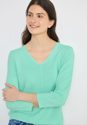 Femme aux longs cheveux bruns portant un pull vert clair à col en V avec des manches trois-quarts, souriante et regardant sur le côté.