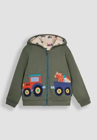 JoJo Maman Bébé HIPPO APPLIQUE REVERSIBLE HOODIE - Kardigán - khaki green tractor
