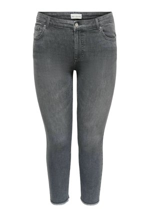 Sivé dámske úzke rifle s piatimi vreckami, zapínaním na gombík a strapcovými lemami, zobrazné spredu na bielom pozadí.