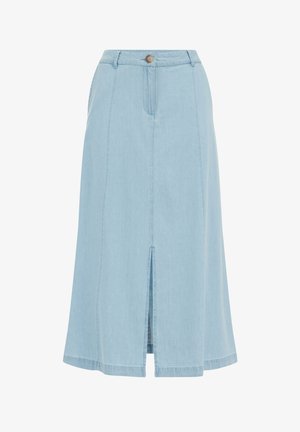 Hellblauer Jeansrock, knielang mit einem Schlitz vorne. Mit einem Knopfverschluss und gesteppten Akzenten, mit einer glatten Textur.