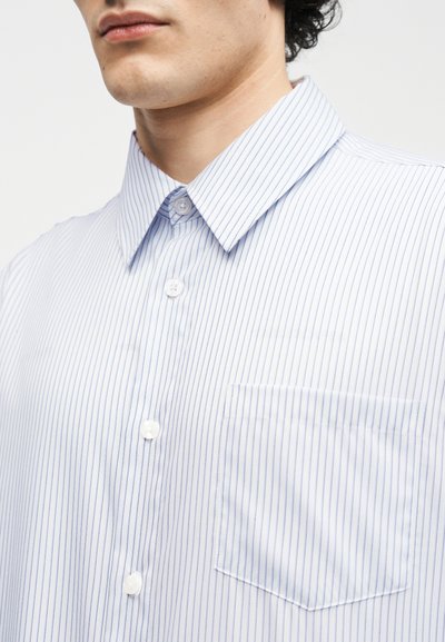 Άνδρας με λευκό πουκάμισο με λεπτές κάθετες μπλε ρίγες και τσέπη στο στήθος, εμφανιζόμενος από τον λαιμό έως το μέσο του κορμού.