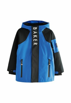 Modrá a čierna nepremokavá bunda s kapucňou, so zapínaním na zips vpredu, bočnými vreckami a brandovaním "BAKER" na hrudi a rukáve.