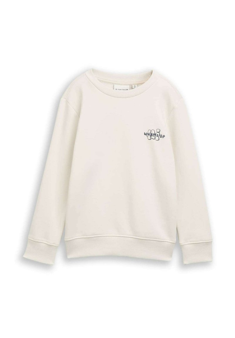 Lichtbeige sweatshirt met lange mouwen, ronde hals en ribgebreide manchetten. Voorzien van een grafische tekst "WHAT'S UP" in contrasterende kleuren op de voorkant.