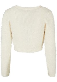 White cropped sweater, fluffy texture, long sleeves, and a rounded neckline, featuring a ribbed hem and soft, lightweight fabric.