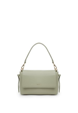 Borsa a mano in pelle verde chiaro con manico superiore, chiusura a patta, ferrature dorate e piccolo logo del marchio impresso al centro davanti.