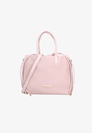 Borsa a mano rosa chiaro con una texture intrecciata, manici doppi e una tracolla removibile. Presenta dettagli in metallo dorato e un accento con logo.