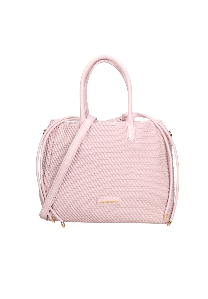 Borsa a mano rosa chiaro con una texture intrecciata, manici doppi e una tracolla removibile. Presenta dettagli in metallo dorato e un accento con logo.