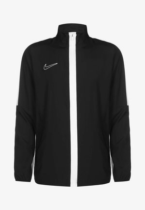 Black jacket made of lightweight material with a white zipper and side stripes. Features a high collar and a Nike logo on the upper left.