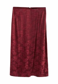 Gonna bordeaux con un motivo floreale, realizzata in un tessuto morbido. Presenta una chiusura laterale con zip e una silhouette dritta con un design leggermente drappeggiato.