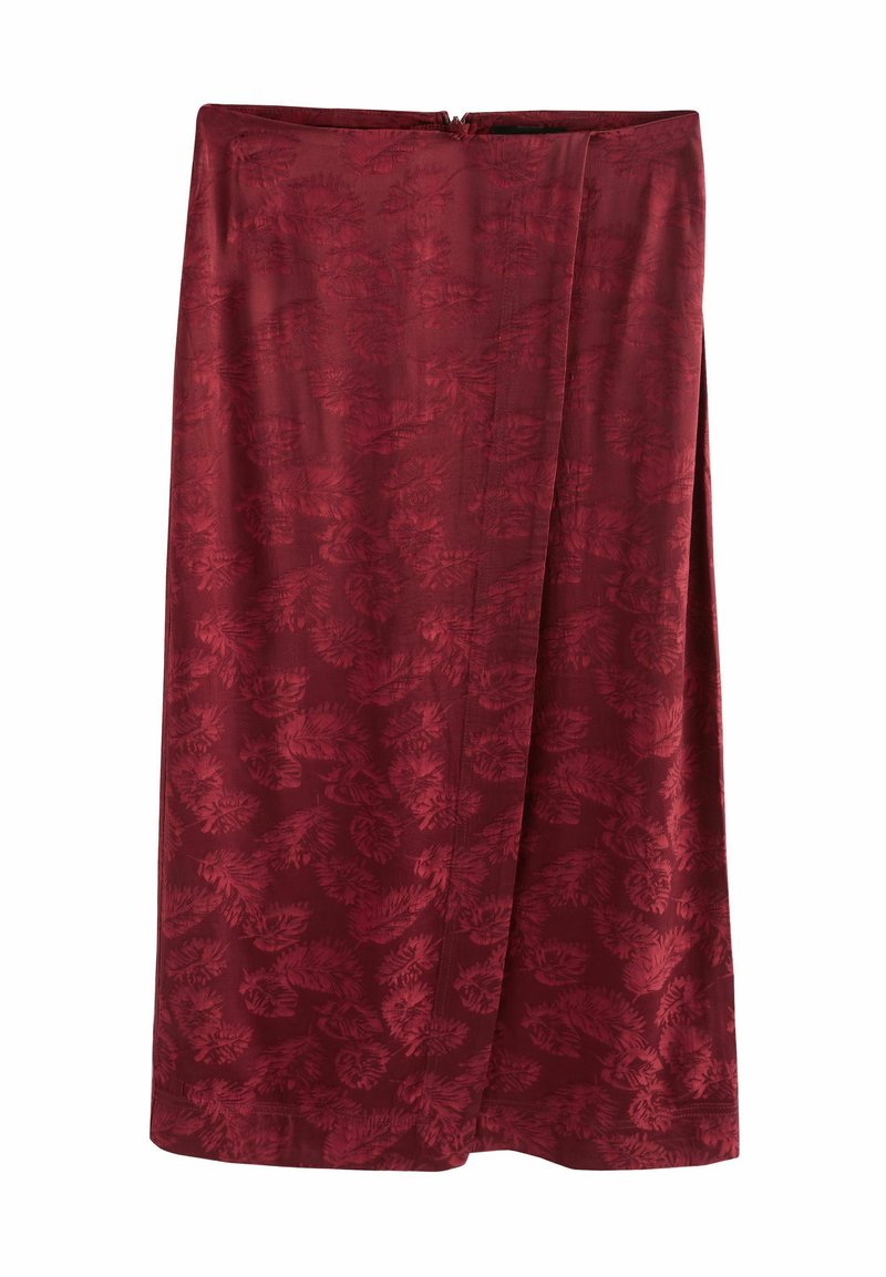 Gonna bordeaux con un motivo floreale, realizzata in un tessuto morbido. Presenta una chiusura laterale con zip e una silhouette dritta con un design leggermente drappeggiato.