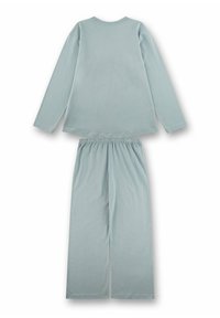 Langärmliges Oberteil und passende Hose in Hellblau, aus weichem Stoff gefertigt. Das Oberteil hat einen runden Ausschnitt; die Hose verfügt über einen elastischen Bund.