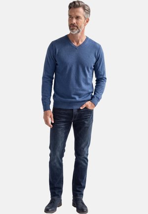 Uomo con capelli e barba grigi che indossa un maglione a scollo a V blu, jeans scuri e scarpe nere, in piedi con una mano in tasca.