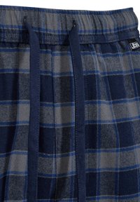 Dresowe spodnie flannel w kratę w kolorze granatowo-szarym, z elastycznym pasem, sznurkiem i miękką teksturą.