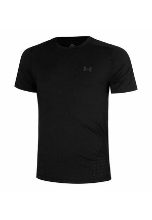 Zwarte sportieve T-shirt met korte mouwen, gemaakt van ademende stof. Bevat subtiele perforaties voor ventilatie en een klein logo op de borst.