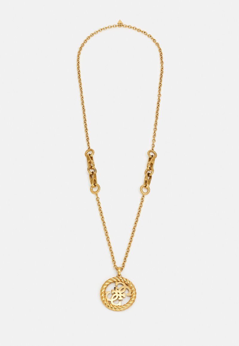 Collier chaîne en or avec un pendentif circulaire en corde torsadée présentant un design de nœud complexe et des maillons décoratifs près du centre.