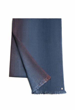 Woven scarf in gradient shades of blue and burgundy, featuring a textured pattern, fringed edges, and a metallic logo accent.