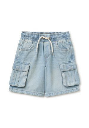 Lichtblauwe denim cargoshorts met elastische tailleband en wit trekkoord, met zijvakken met klep en voorzakken.