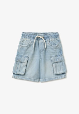 Lichtblauwe denim cargoshorts met elastische tailleband en wit trekkoord, met zijvakken met klep en voorzakken.