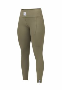 Olivengroene legging met een geribde textuur, hoge tailleband en een zijzak. Bevat een merkje aan de zoom.