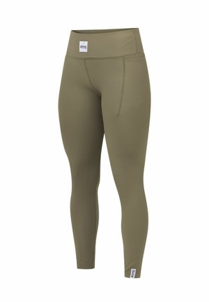 Olivengroene legging met een geribde textuur, hoge tailleband en een zijzak. Bevat een merkje aan de zoom.