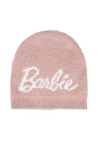 Berretto lavorato a maglia rosa chiaro con una texture morbida, caratterizzato da un audace testo bianco "Barbie" sulla parte anteriore e una visiera a coste.