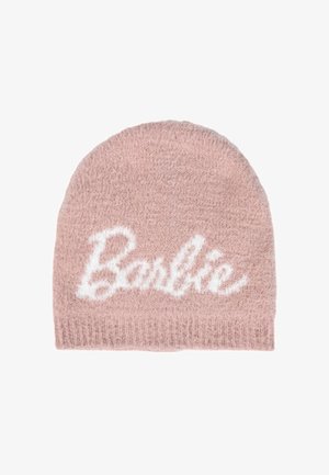 Berretto lavorato a maglia rosa chiaro con una texture morbida, caratterizzato da un audace testo bianco "Barbie" sulla parte anteriore e una visiera a coste.
