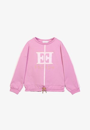 Lilafarbenes Sweatshirt mit weißen Streifen an den Ärmeln, goldenem Kordelzugsaum und großem weißen und goldenen "ESCADA"-Logo auf der Vorderseite.