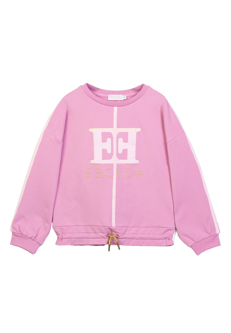 Felpa rosa lilla con striscia bianca sulle maniche, orlo con cordino dorato e grande logo "ESCADA" bianco e dorato sul davanti.