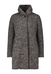 Wollen mantel in een grijs-zwart visgraatpatroon, met een hoge kraag en een enkele knoopsluiting, voorzien van zijzakken.