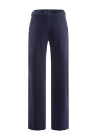 Marineblauwe wijde broek gemaakt van gladde stof met een ribbelstructuur. Voorzien van een elastische taille en een rechte snit, wat zorgt voor een relaxte pasvorm.