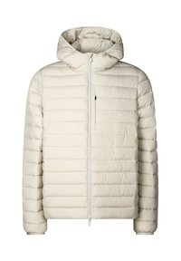 Giubbotto imbottito trapuntato di un colore beige chiaro, con cappuccio, zip frontale completa e tasca sul petto con zip, progettato per il freddo.