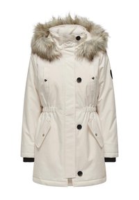 Lichte crèmekleurige parka met nepbont capuchon, drukknopen en ritsluiting, zijzakken, een koord in de taille en zwarte accenten op de manchetten.