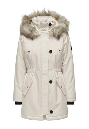 Parka crème clair avec capuche en fausse fourrure, fermeture à boutons-pression et zip, poches latérales, taille avec cordon de serrage, et accents noirs sur les poignets.