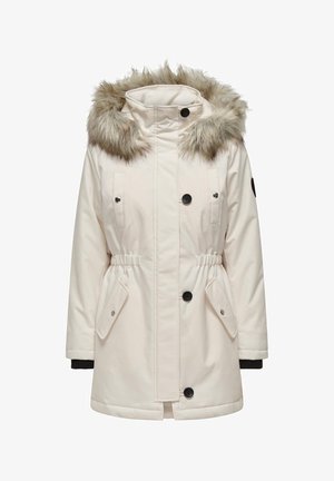 Lichte crèmekleurige parka met nepbont capuchon, drukknopen en ritsluiting, zijzakken, een koord in de taille en zwarte accenten op de manchetten.