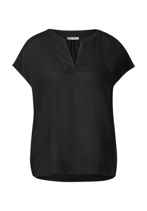 Blouse noire à manches courtes avec un décolleté en V, texture lisse et coupe ample. Ne présente aucun motif ni ornement, adaptée pour un usage décontracté.
