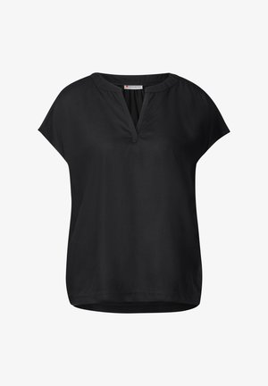 Blusa nera a maniche corte con scollo a V, texture liscia e vestibilità ampia. Senza pattern o decorazioni, adatta per occasioni casual.