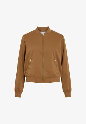 Veste bombardier marron avec fermeture éclair devant, deux poches zippées, col, poignets et ourlet côtelés.