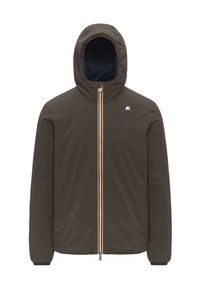 Giacca isolante marrone con cappuccio, caratterizzata da una zip frontale con dettagli gialli e bianchi, tasche laterali e un logo sul petto.