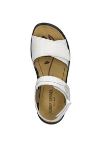 Hvide sandaler med to justerbare stropper, formet korksål, sort ydersål og synligt branding på fodsengen.