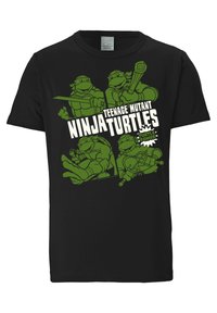 Black cotton t-shirt featuring four green Teenage Mutant Ninja Turtles in various poses, with white text reading "Teenage Mutant Ninja Turtles."