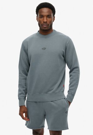 Man draagt een gedempte blauwgrijze sweatshirt en bijpassende korte broek met kleine bedrukte merknamen, staat met één hand in de zak.