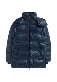 Doudoune navy en matériau brillant, avec des motifs en quilt horizontaux, un col haut, une fermeture éclair et des poches latérales.