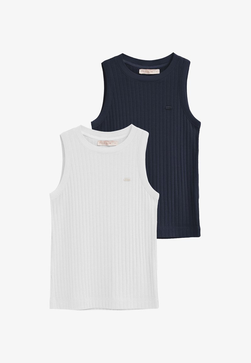Deux débardeurs sans manches côtelés, un blanc et un bleu marine, chacun avec un petit logo sur la poitrine et un col rond.
