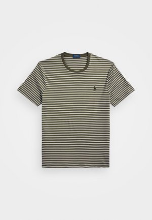 T-shirt à manches courtes rayé en vert olive et blanc. Il possède un col rond et un petit logo sur la poitrine gauche. Matériau en mélange de coton.