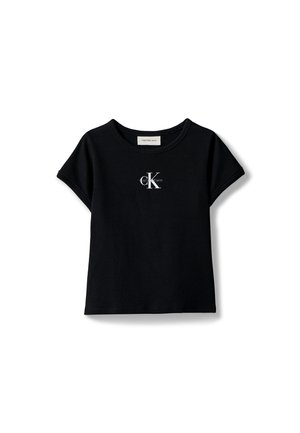 Mustast lühikeste varrukatega beebit-särk, millel on rinnal keskel Calvin Kleini logo "cK", soonikkoes ümarsuu kaelus ja üleskääritud varrukaservad.