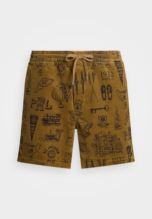 Hnedé kordové šortky s čiernymi potlačami vrátane log, športového vybavenia a budov. S drawstring pásom.